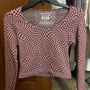 Burgundy checkered top.